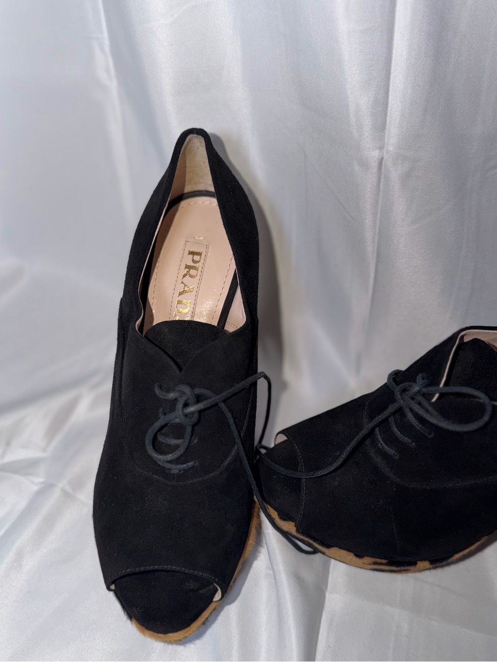 Prada Black Suede Peep-Toe Lace-Up Wedges with Leopard-Print Platform - Picture 3 of 6